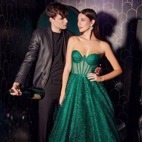 NEW LONG OFF THE SHOULDER STRAPLESS A-LINE GLITTER DRESS WITH LACE UP BACK CD275 - Picture 1 of 10